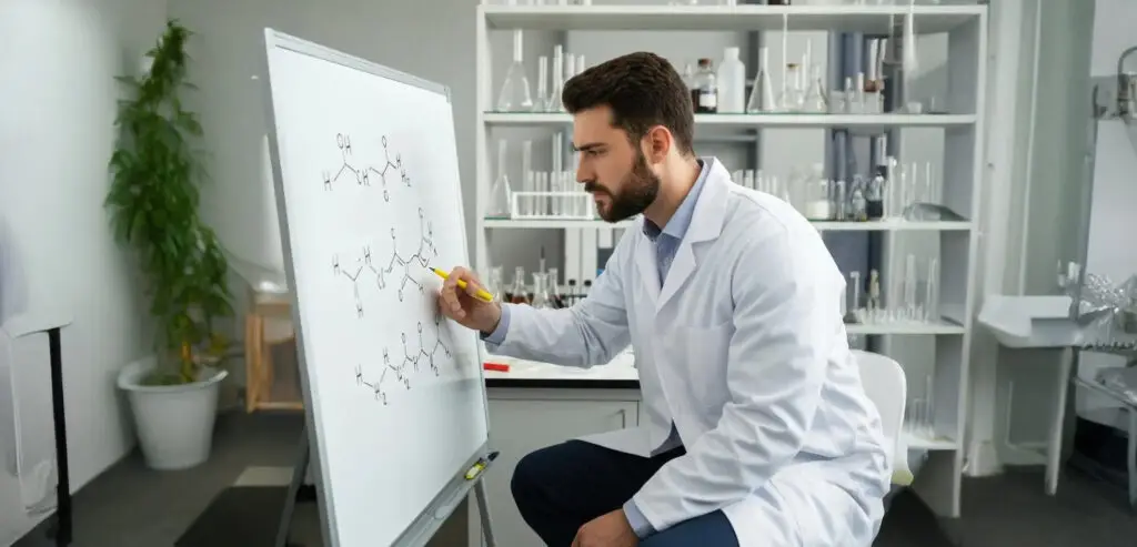 Laboratory scene showcasing a scientist performing chemical analysis with lab equipment